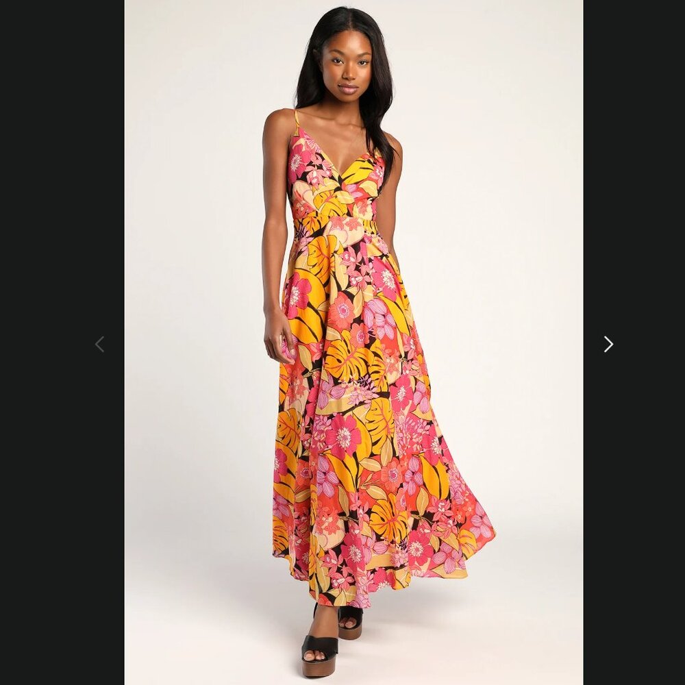 Lulus: Cabo Is Calling My Name Orange Floral Print Surplice Maxi Dress